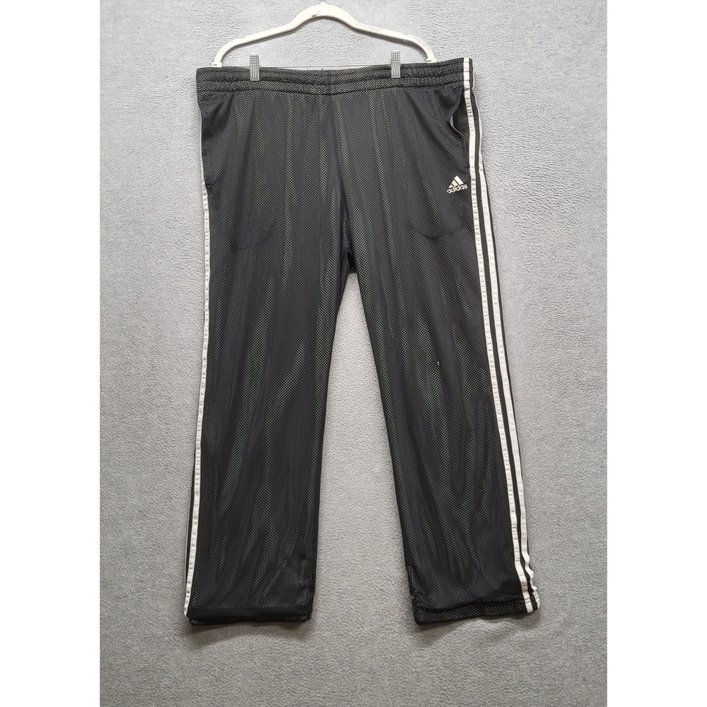 Adidas Men Activewear Pants XL Black Mesh Track Basketball Logo Striped 30" Y2K